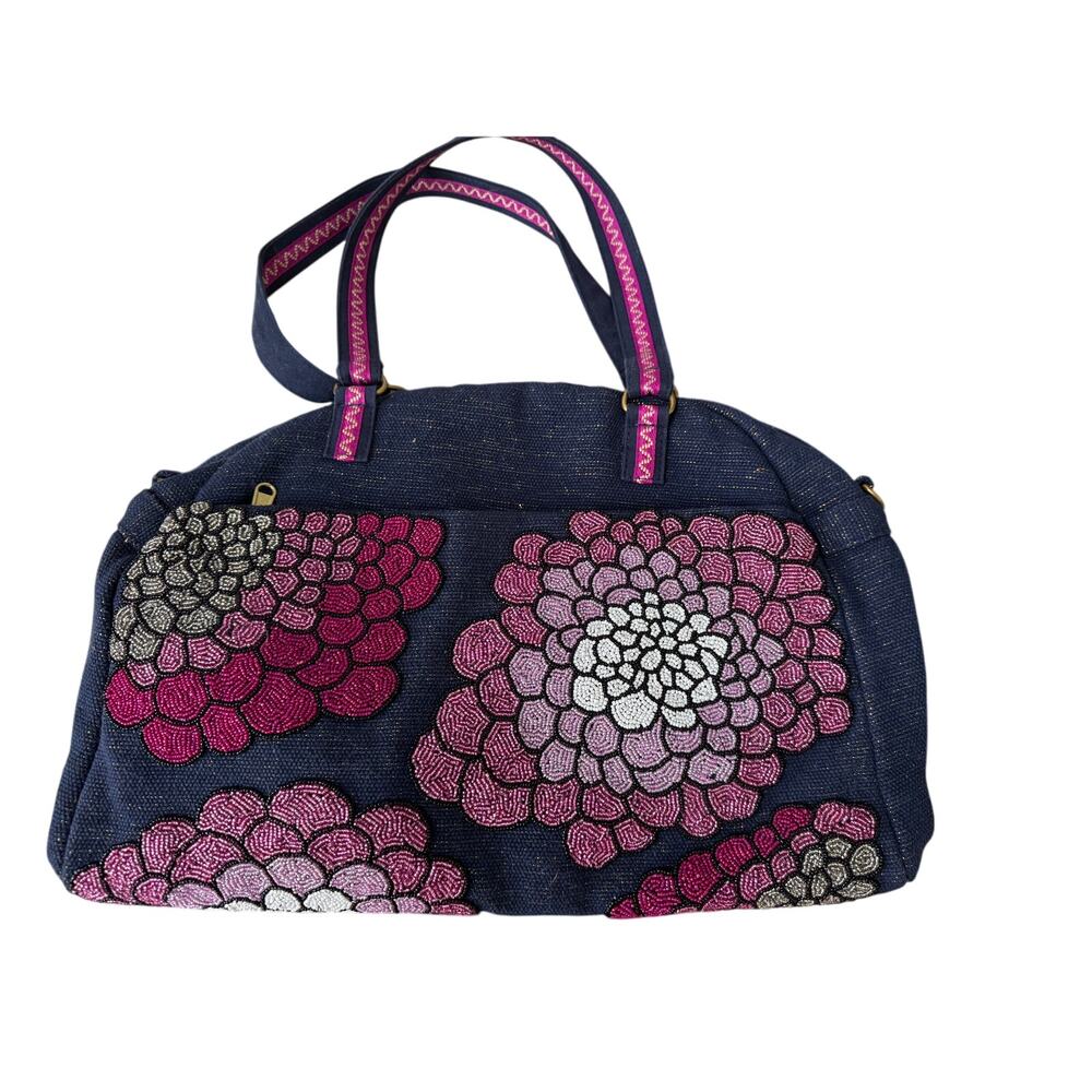 NWT Embroidered Floral Beaded Tote Bag Navy Pink Purple Shoulder Bag